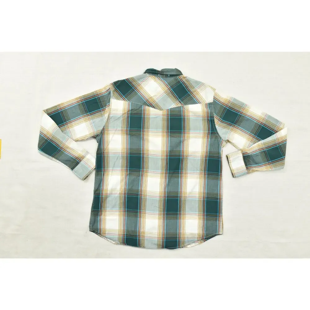 Levi's Western Pearl Snap Shirt Mens Medium Green Orange Plaid Long Sleeve Stand